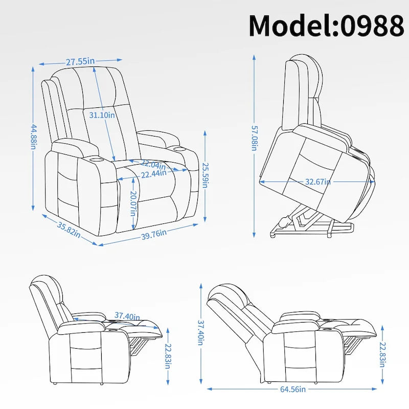 Black Elderly-Friendly Power Lift Recliner featuring Vibration Massage, Lumbar Heating, USB Port, and Cup Holders