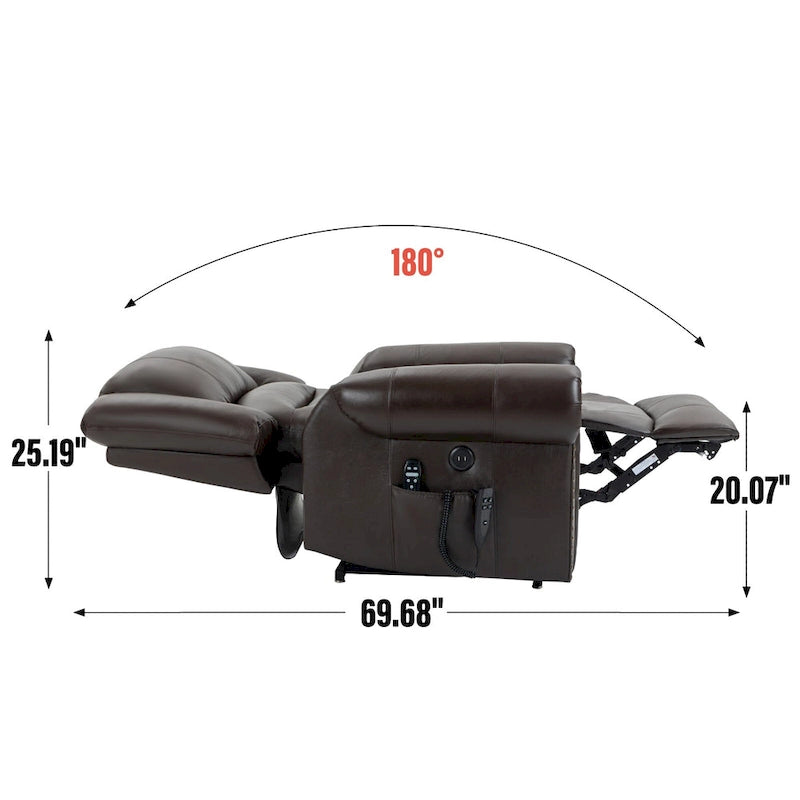 Brown Genuine Leather Power Lift Recliner with Heat, Massage, and USB Ports