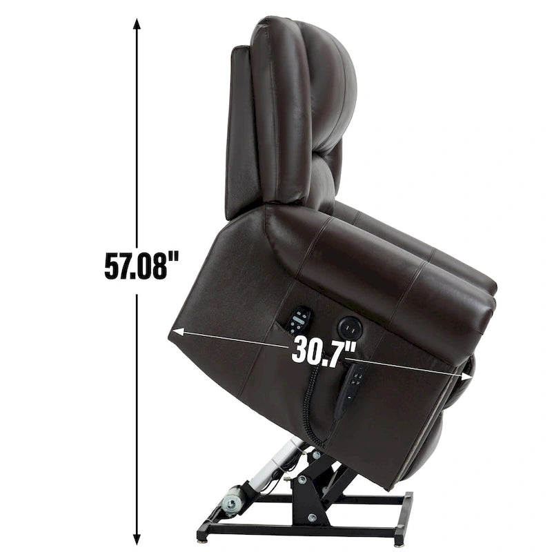 Brown Genuine Leather Power Lift Recliner with Heat, Massage, and USB Ports