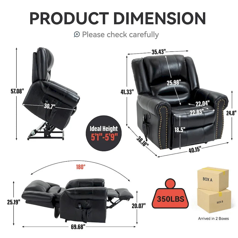 Brown Genuine Leather Power Lift Recliner with Heat, Massage, and USB Ports
