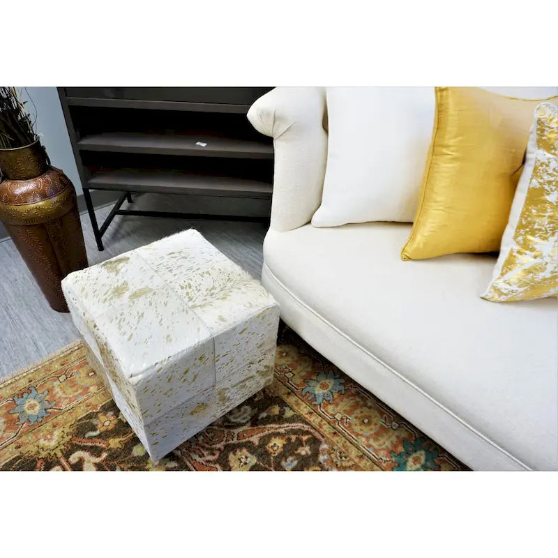 Home&Manor Gold Leather Square Cube Pouf