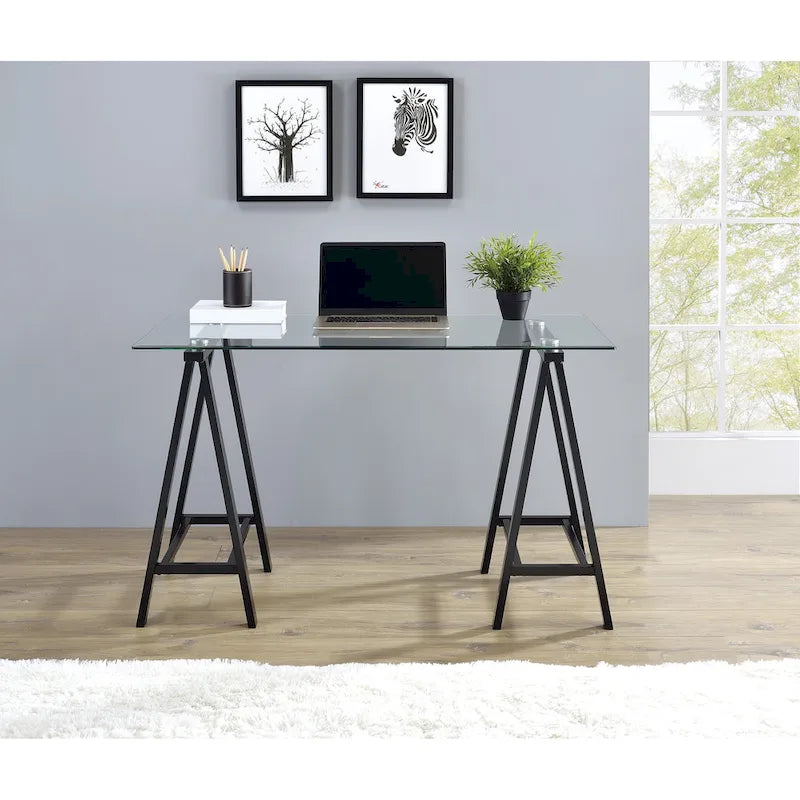 Middleton Desk with Clear Glass Top and Metal Base