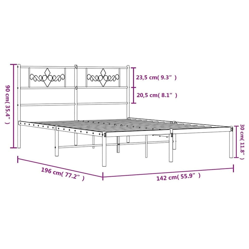 vidaXL 12 Inches White Full Size Metal Bed Frame No Mattress - 77.2 x 55.9 x 35.4
