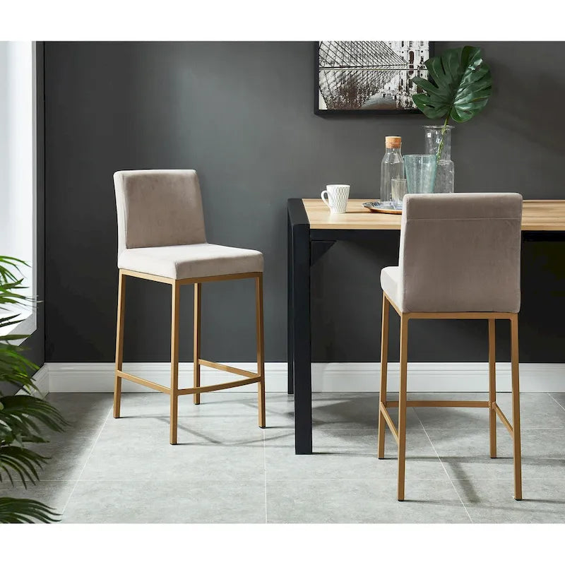 Set of 2 Gray and Gold Contemporary Upholstery Counter Chairs 37.5