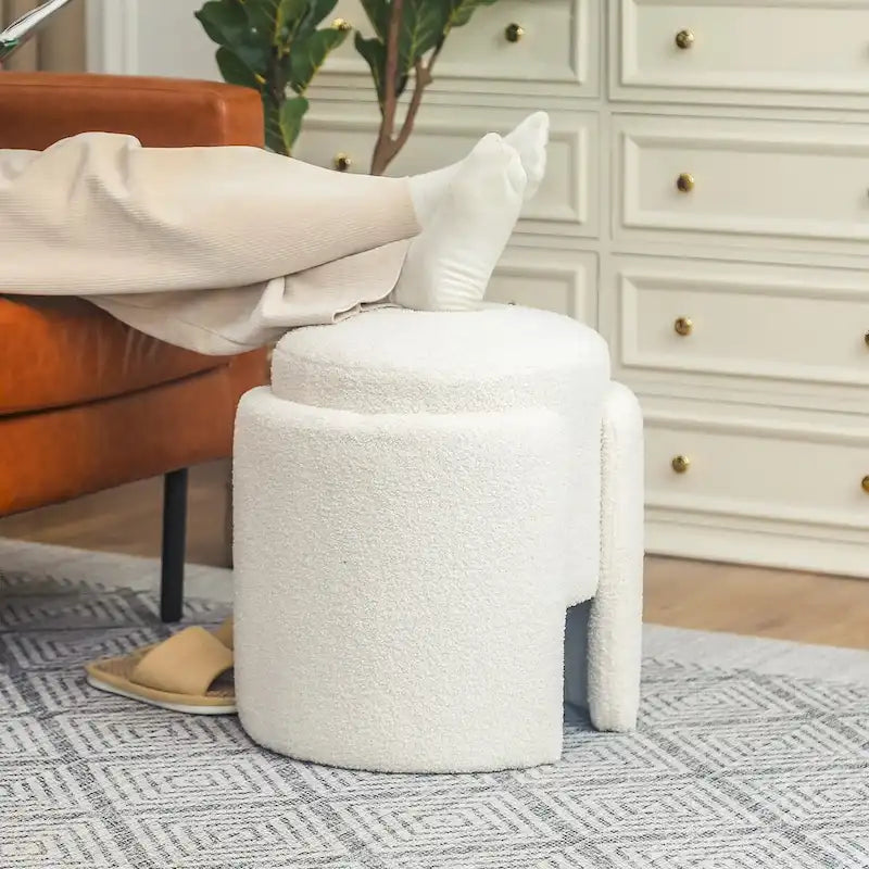 Adeco Round Ottoman Teddy Foot Stool for Living Room Bedroom