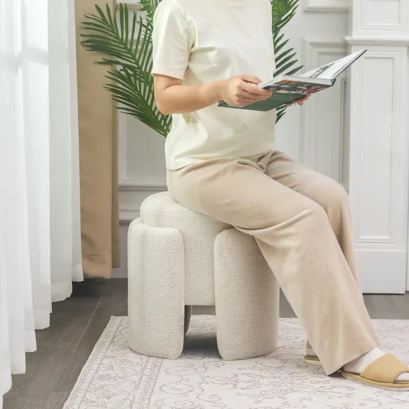 Adeco Round Ottoman Teddy Foot Stool for Living Room Bedroom