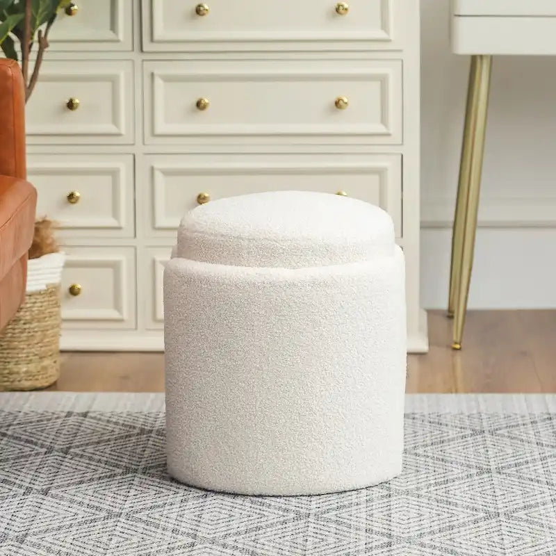 Adeco Round Ottoman Teddy Foot Stool for Living Room Bedroom