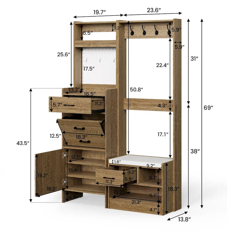 Hall Tree 44.5 Wide with Bench and Shoe Storage