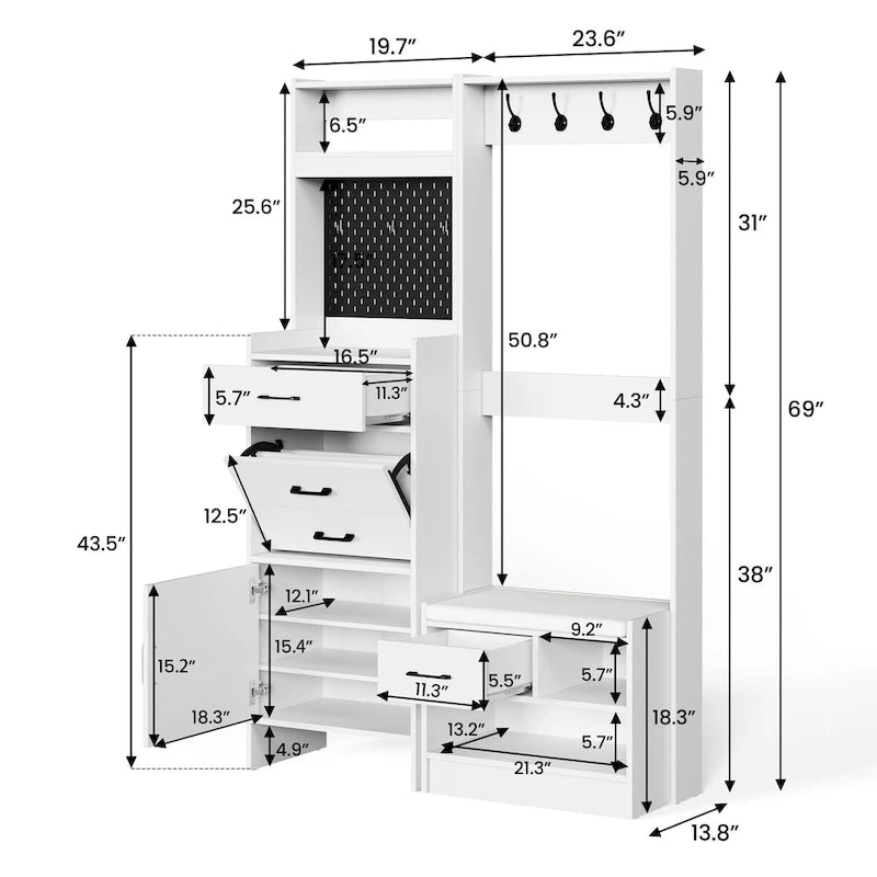 Hall Tree 44.5 Wide with Bench and Shoe Storage