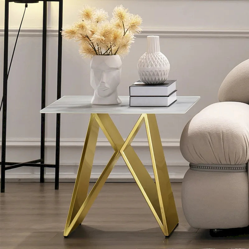 24 inch White Tempered Glass End Table with Mirrored M-Shaped Base