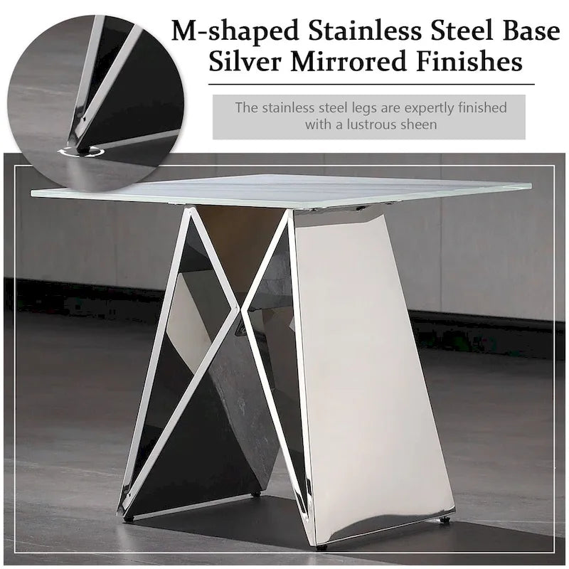 24 inch White Tempered Glass End Table with Mirrored M-Shaped Base