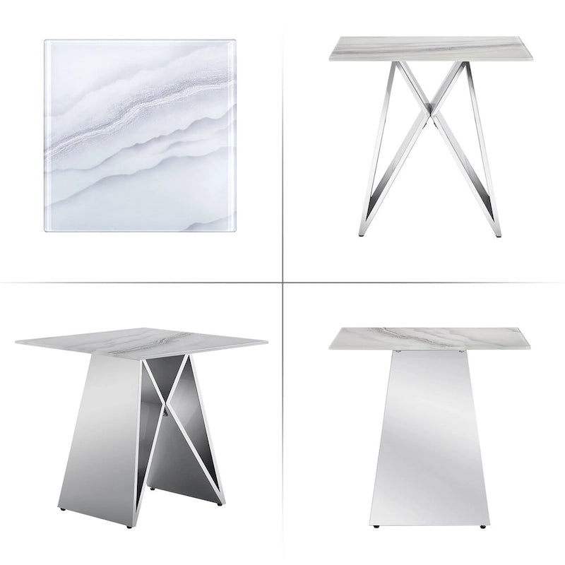 24 inch White Tempered Glass End Table with Mirrored M-Shaped Base