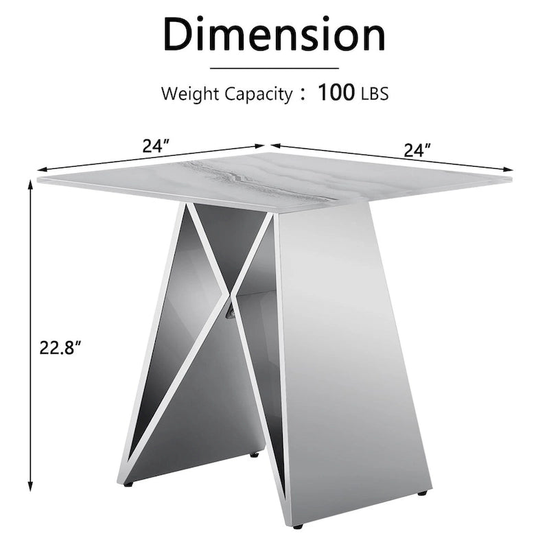 24 inch White Tempered Glass End Table with Mirrored M-Shaped Base