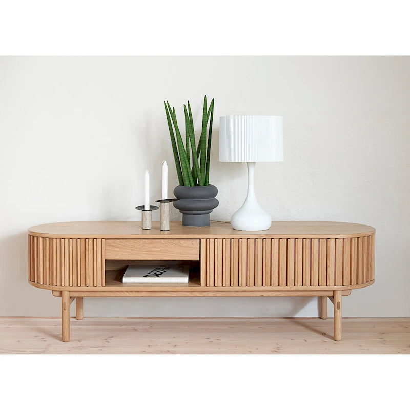 Rye Studio Mid-Century Modern Rounded Sliding Door TV Lowboard, 63W, Natural - 18W x 63L x 19H