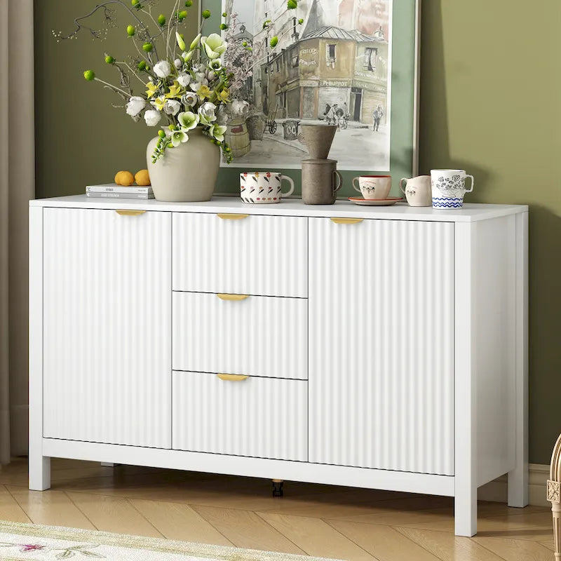 Modern Wave-Design Entryway Cabinet with 3 Adjustable Shelves 2Doors Storage Console Table with3 Drawers