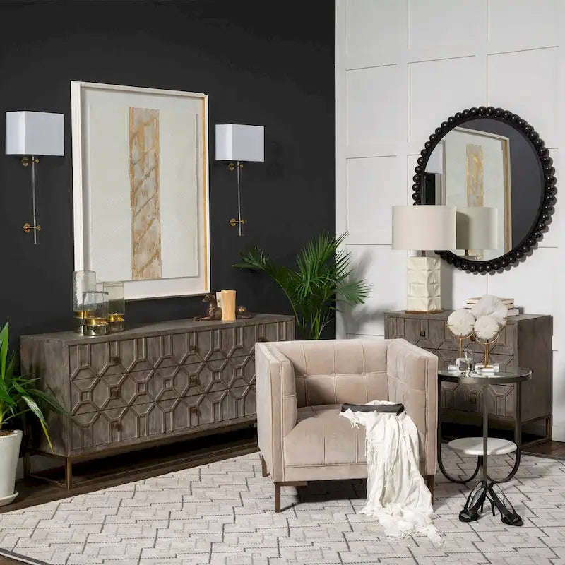 Genevieve II Gray Fir Veneer w/Gold Metal Frame Base 9 Drawer Sideboard