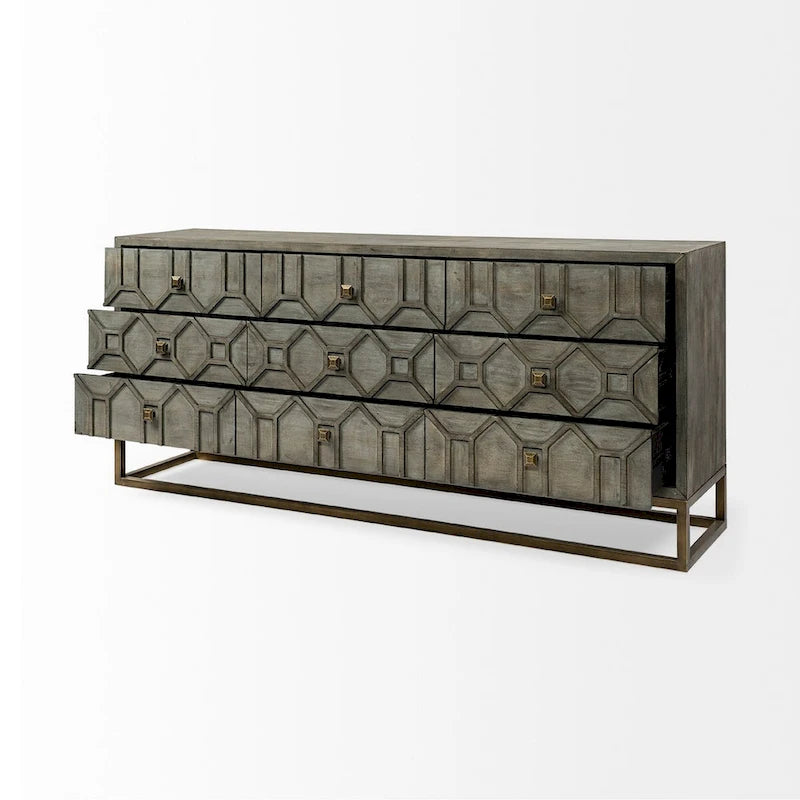 Genevieve II Gray Fir Veneer w/Gold Metal Frame Base 9 Drawer Sideboard