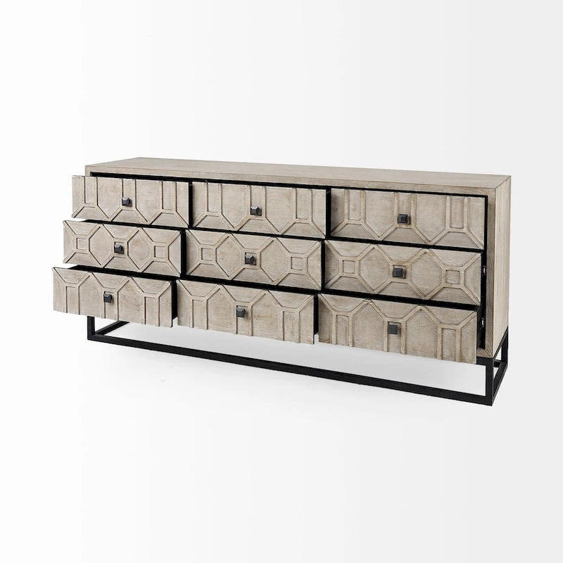 Genevieve II Gray Fir Veneer w/Gold Metal Frame Base 9 Drawer Sideboard