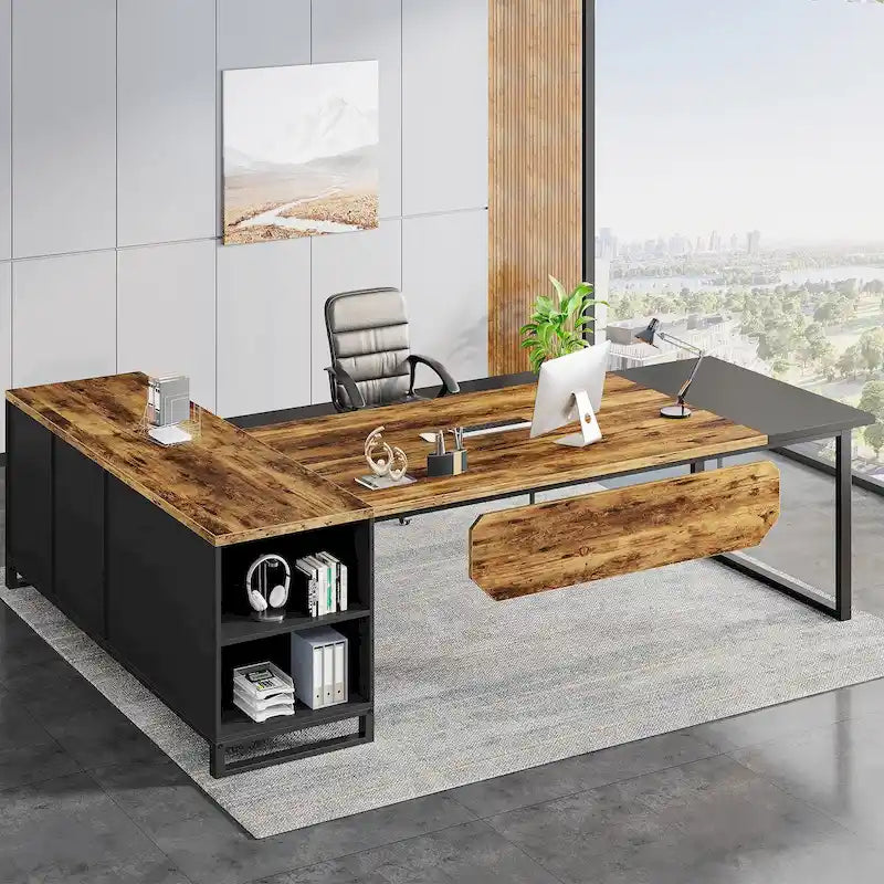 70.8-Inch Executive Desk with 55-Inch File Cabinet, Large L Shaped Computer Desk with Storage Cabinet and Shelves