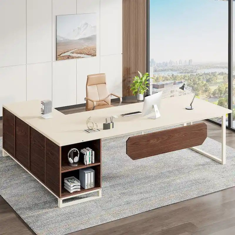 70.8-Inch Executive Desk with 55-Inch File Cabinet, Large L Shaped Computer Desk with Storage Cabinet and Shelves