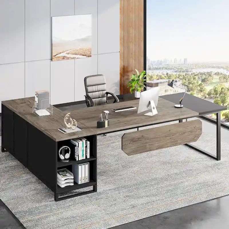 70.8-Inch Executive Desk with 55-Inch File Cabinet, Large L Shaped Computer Desk with Storage Cabinet and Shelves