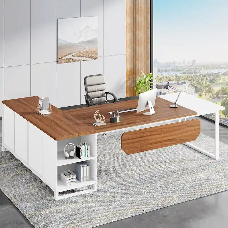 70.8-Inch Executive Desk with 55-Inch File Cabinet, Large L Shaped Computer Desk with Storage Cabinet and Shelves