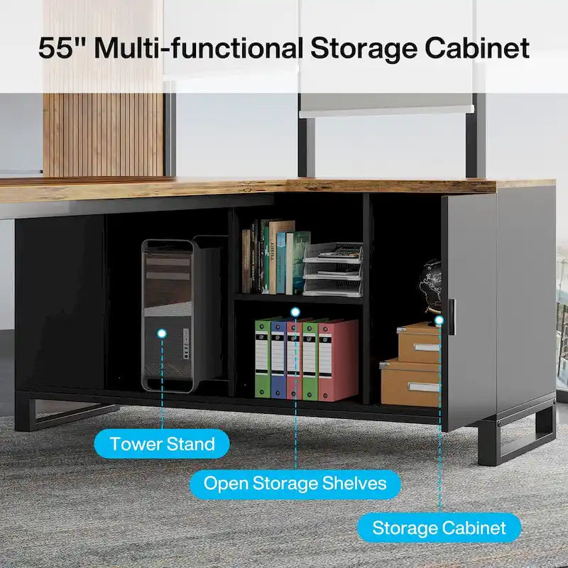 70.8-Inch Executive Desk with 55-Inch File Cabinet, Large L Shaped Computer Desk with Storage Cabinet and Shelves