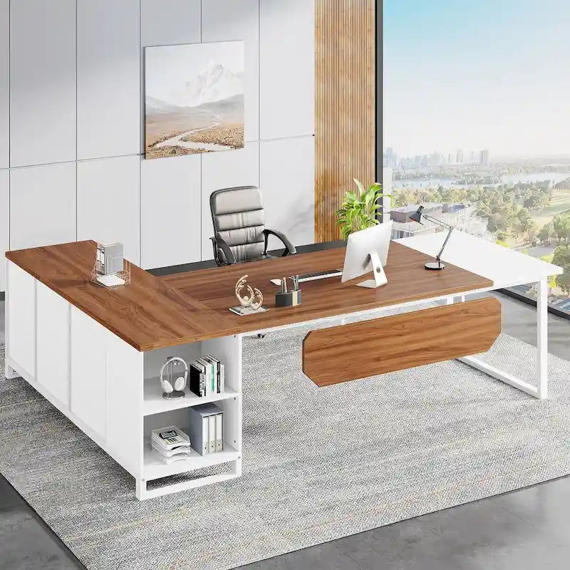 70.8-Inch Executive Desk with 55-Inch File Cabinet, Large L Shaped Computer Desk with Storage Cabinet and Shelves