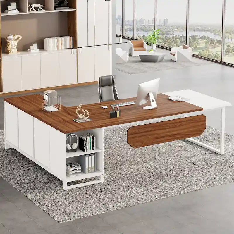 70.8-Inch Executive Desk with 55-Inch File Cabinet, Large L Shaped Computer Desk with Storage Cabinet and Shelves