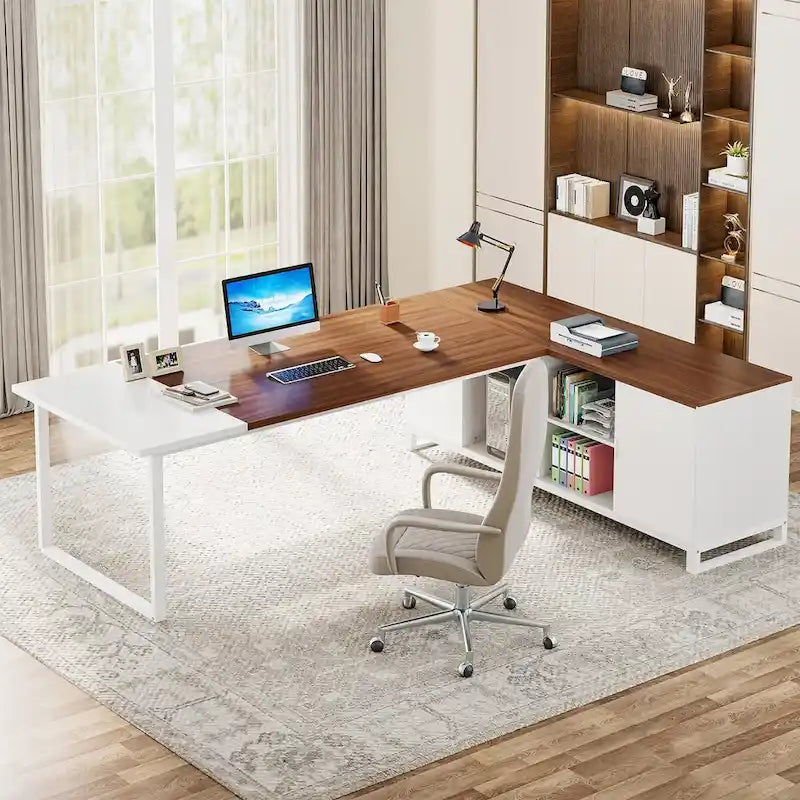 70.8-Inch Executive Desk with 55-Inch File Cabinet, Large L Shaped Computer Desk with Storage Cabinet and Shelves