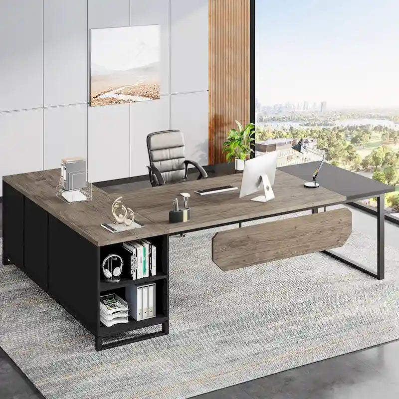 70.8-Inch Executive Desk with 55-Inch File Cabinet, Large L Shaped Computer Desk with Storage Cabinet and Shelves