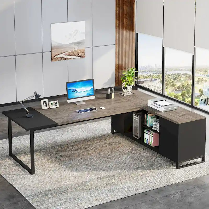 70.8-Inch Executive Desk with 55-Inch File Cabinet, Large L Shaped Computer Desk with Storage Cabinet and Shelves