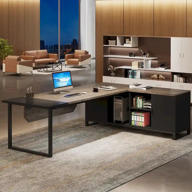 70.8-Inch Executive Desk with 55-Inch File Cabinet, Large L Shaped Computer Desk with Storage Cabinet and Shelves