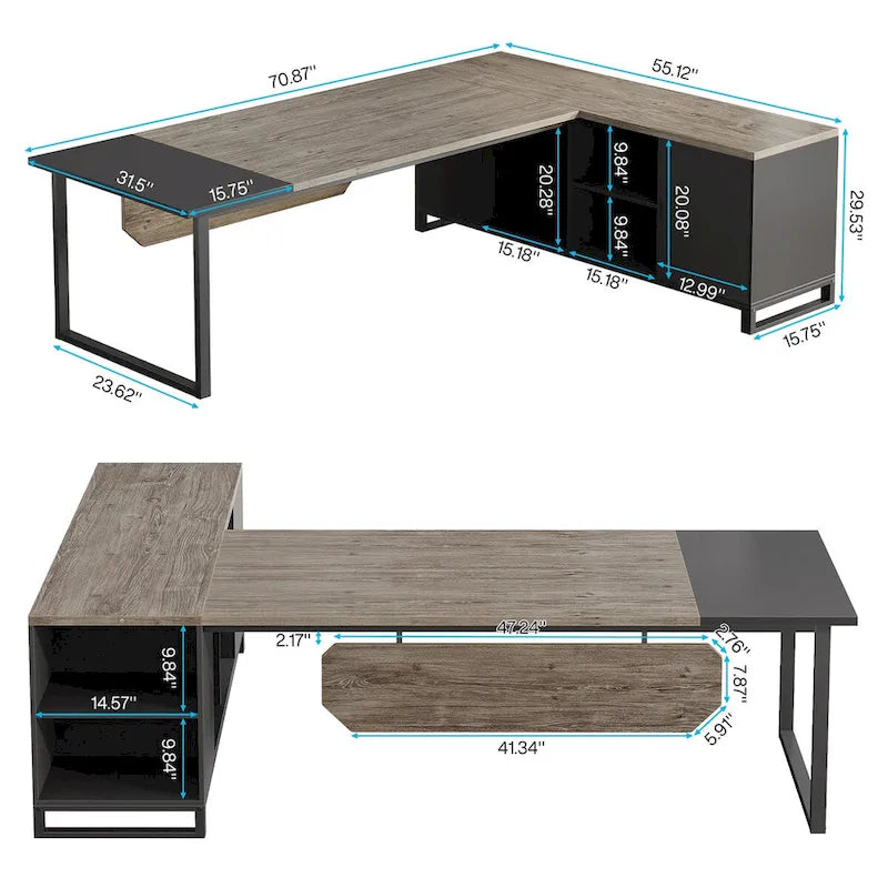 70.8-Inch Executive Desk with 55-Inch File Cabinet, Large L Shaped Computer Desk with Storage Cabinet and Shelves