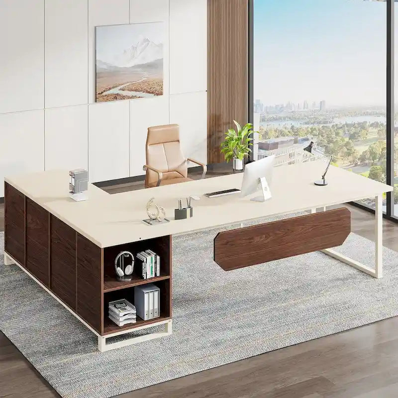 70.8-Inch Executive Desk with 55-Inch File Cabinet, Large L Shaped Computer Desk with Storage Cabinet and Shelves