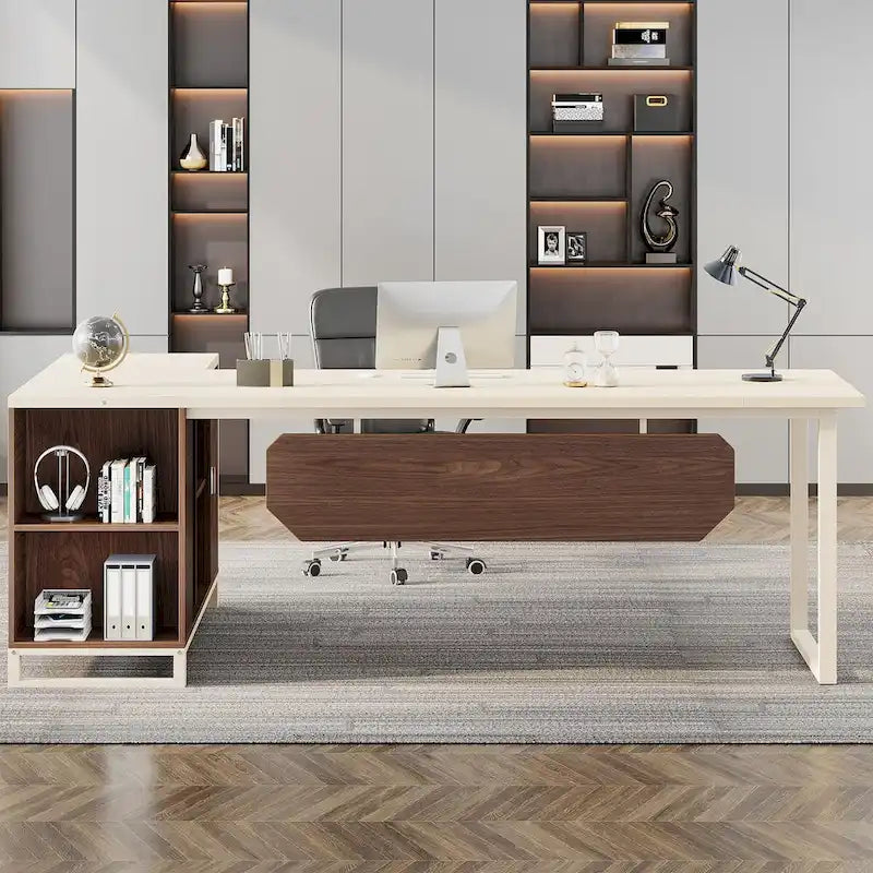 70.8-Inch Executive Desk with 55-Inch File Cabinet, Large L Shaped Computer Desk with Storage Cabinet and Shelves