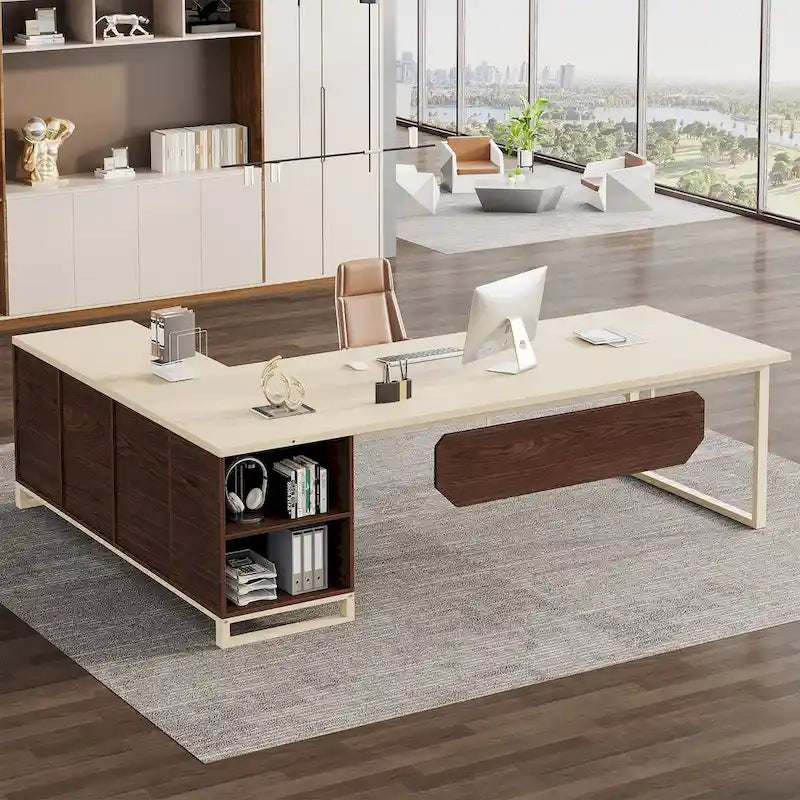 70.8-Inch Executive Desk with 55-Inch File Cabinet, Large L Shaped Computer Desk with Storage Cabinet and Shelves