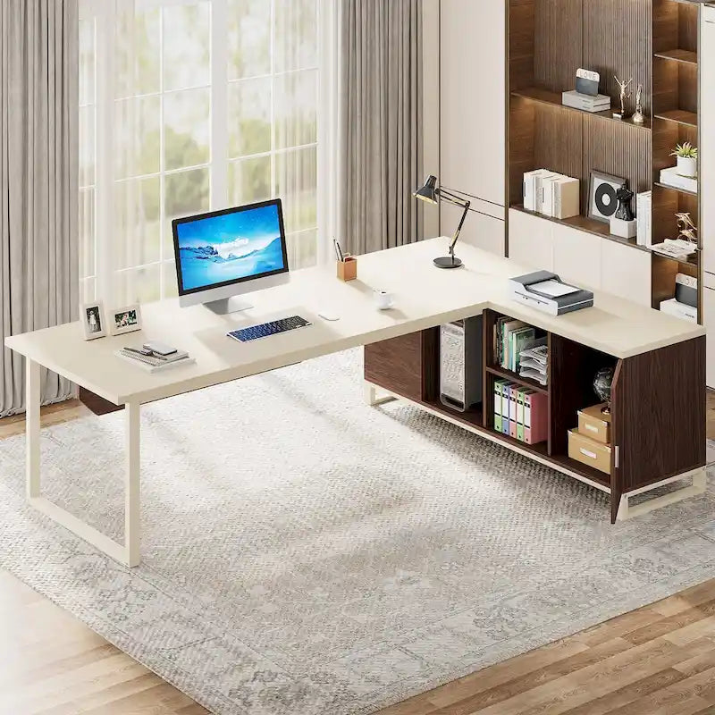 70.8-Inch Executive Desk with 55-Inch File Cabinet, Large L Shaped Computer Desk with Storage Cabinet and Shelves