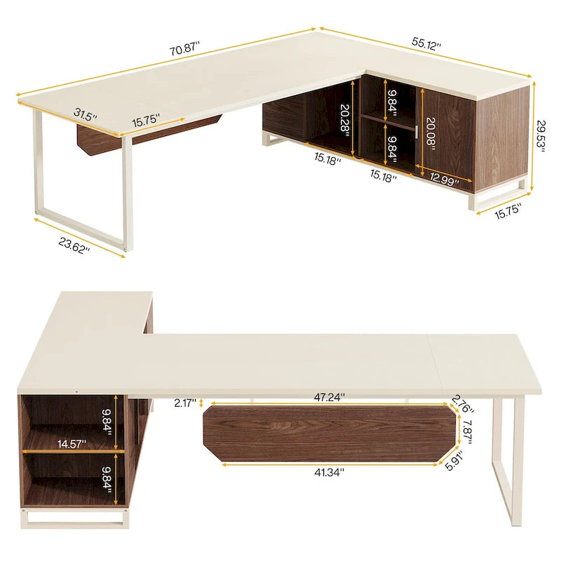 70.8-Inch Executive Desk with 55-Inch File Cabinet, Large L Shaped Computer Desk with Storage Cabinet and Shelves