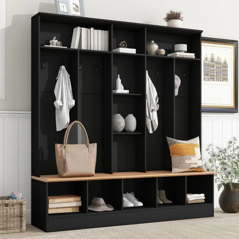 66.9 W Hall Tree with Storage Bench,Cube Storage,Shelves and 8 Hooks