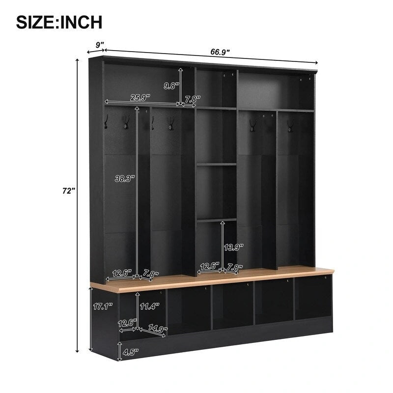 66.9 W Hall Tree with Storage Bench,Cube Storage,Shelves and 8 Hooks
