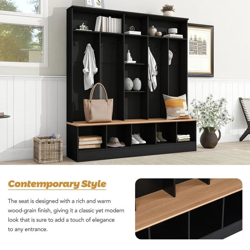 66.9 W Hall Tree with Storage Bench,Cube Storage,Shelves and 8 Hooks