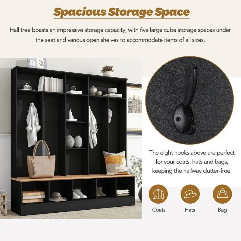 66.9 W Hall Tree with Storage Bench,Cube Storage,Shelves and 8 Hooks