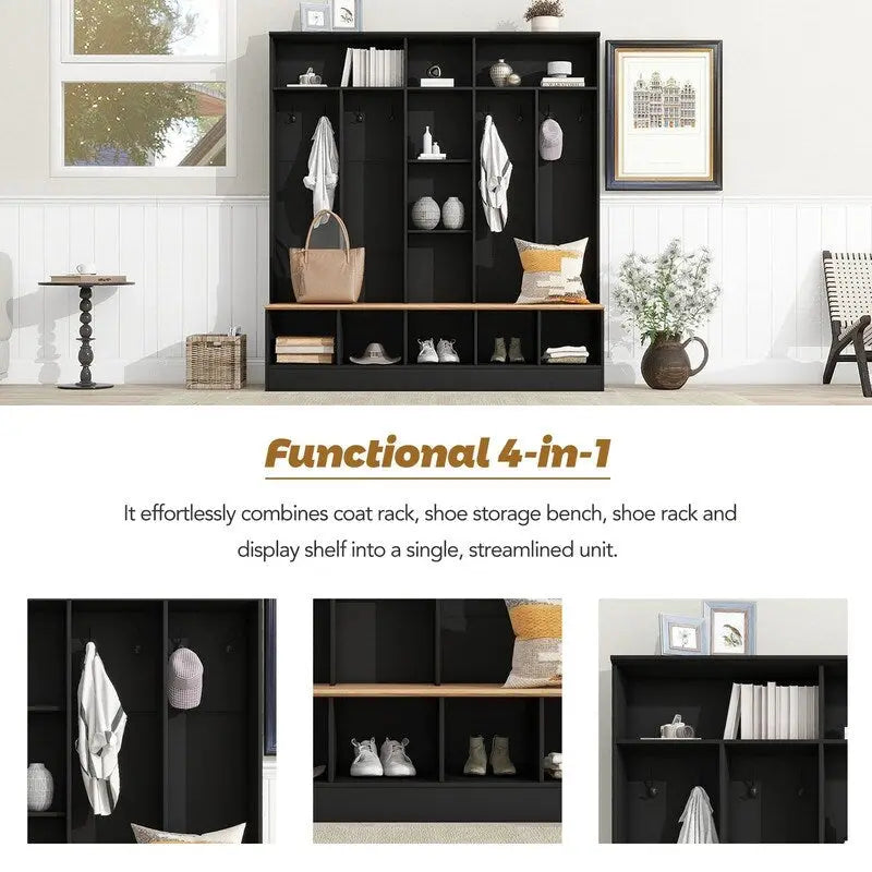 66.9 W Hall Tree with Storage Bench,Cube Storage,Shelves and 8 Hooks