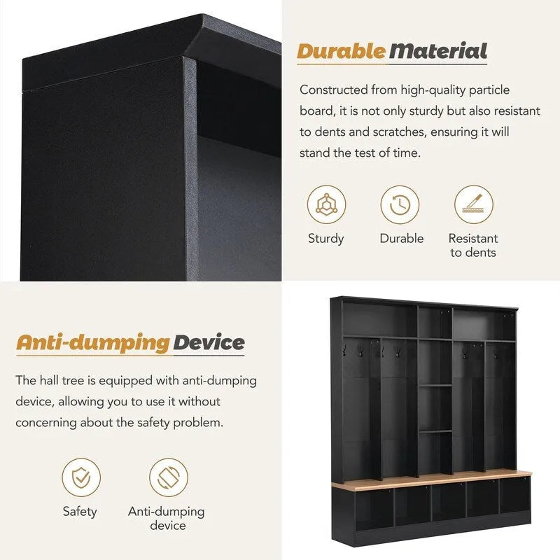 66.9 W Hall Tree with Storage Bench,Cube Storage,Shelves and 8 Hooks