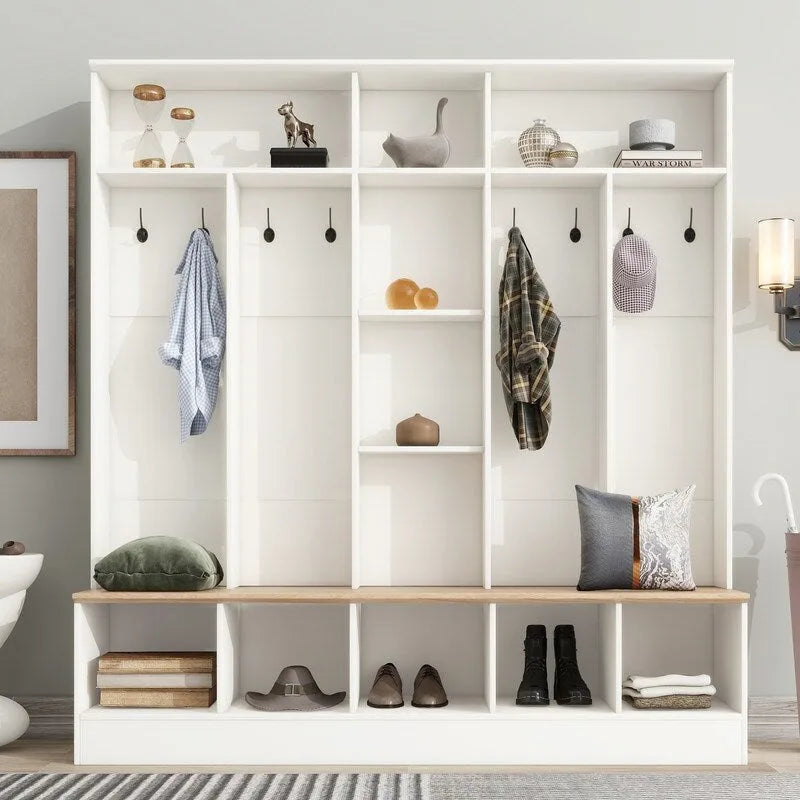 66.9 W Hall Tree with Storage Bench,Cube Storage,Shelves and 8 Hooks