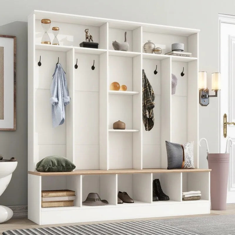 66.9 W Hall Tree with Storage Bench,Cube Storage,Shelves and 8 Hooks