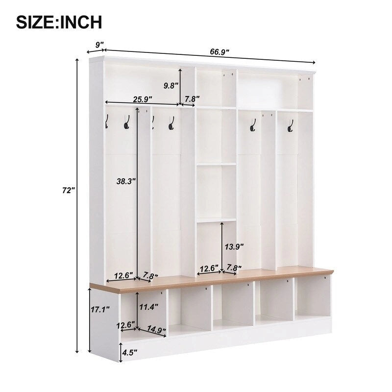 66.9 W Hall Tree with Storage Bench,Cube Storage,Shelves and 8 Hooks