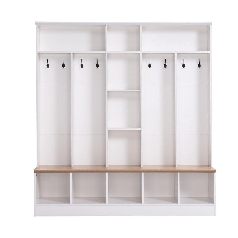 66.9 W Hall Tree with Storage Bench,Cube Storage,Shelves and 8 Hooks