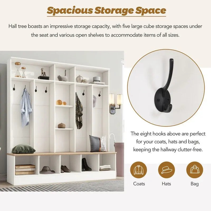 66.9 W Hall Tree with Storage Bench,Cube Storage,Shelves and 8 Hooks